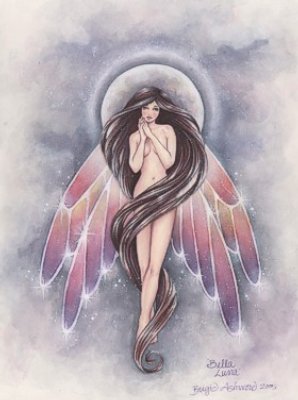 Finished cross stitch of Brigid Ashwood's Bella Luna featuring a pixie in front of a full moon. The nude fairy has long brown hair and pink and purple wings