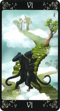 Card example for VI featuring two black cats dancing on a green path in the clouds