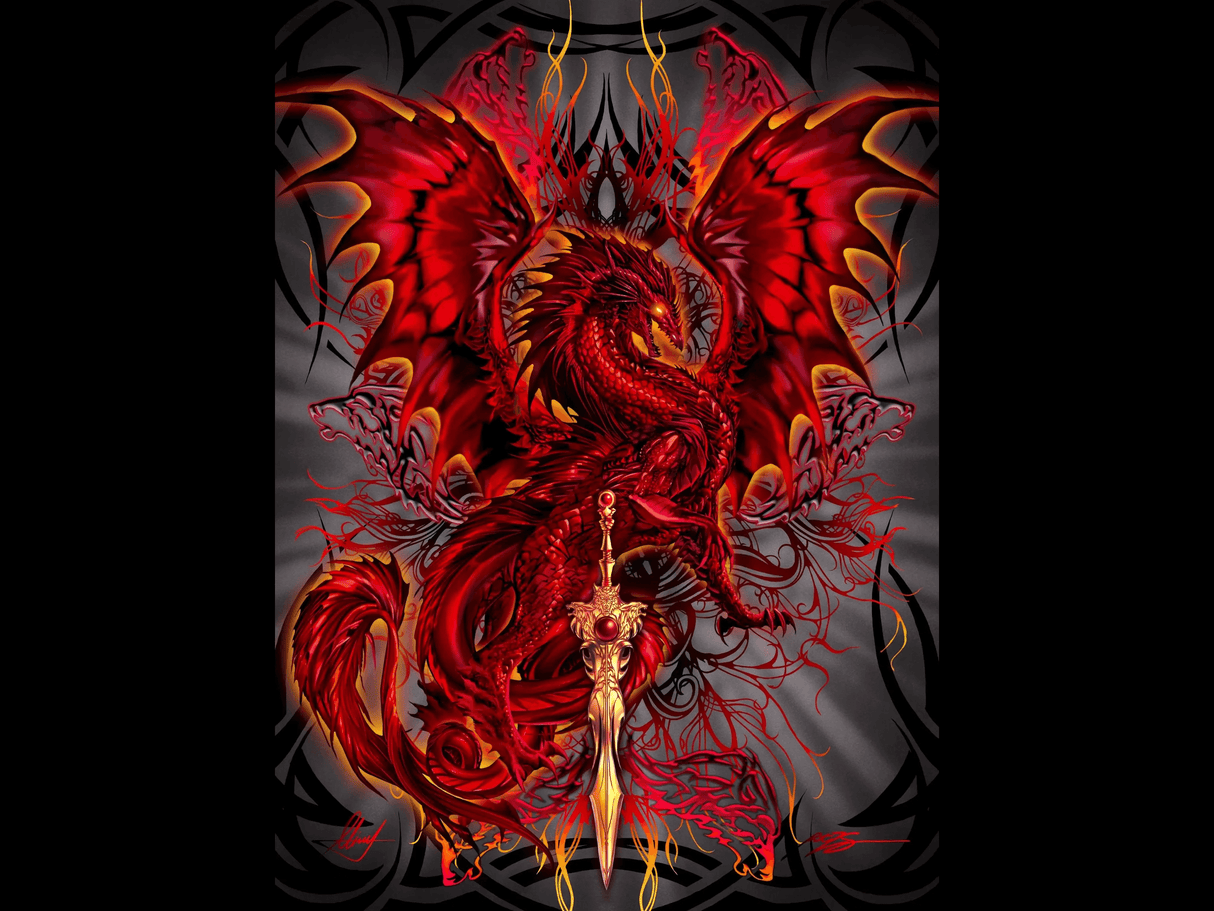 A blood red dragon poses with a golden sword in front. THe dragon is backed by fiery tendrils and tribal designs on a gray-blak backdrop. Art by Ruth Thompson