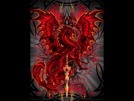 A blood red dragon poses with a golden sword in front. THe dragon is backed by fiery tendrils and tribal designs on a gray-blak backdrop. Art by Ruth Thompson