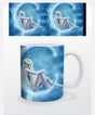 Mug featuring a wraparound design with a blond fairy sitting on a crescent moon, with snowflakes against a blue sky