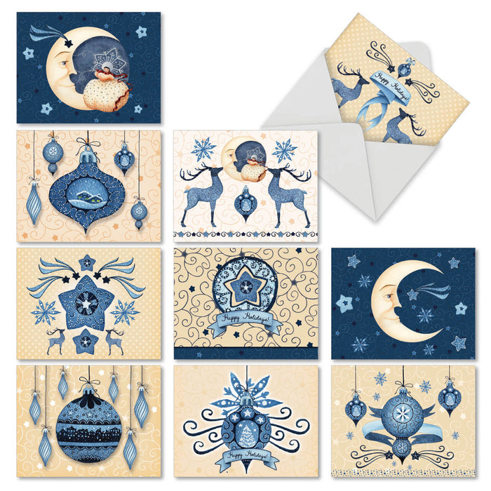 Set of 10 different blue and cream Christmas mini notecards featuring moons, stars, ornaments, and deer