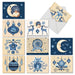 Set of 10 different blue and cream Christmas mini notecards featuring moons, stars, ornaments, and deer