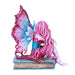 A fairy with pink and blue wings and an outfit to match sits on a cyan book. Shown from the back