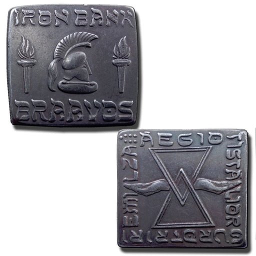 Bravosi Iron Coin, square, shown front and back with Helm and Iron Bank insignia