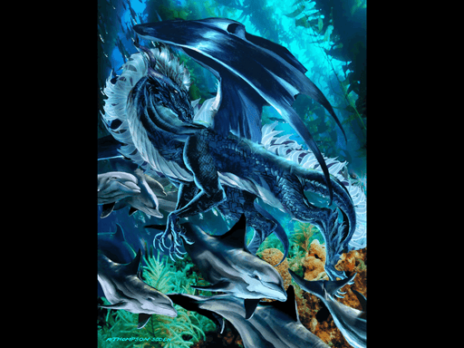 A blue sea dragon swims underwater in a coral reef with a pod of dolphins. Art by Ruth Thompson