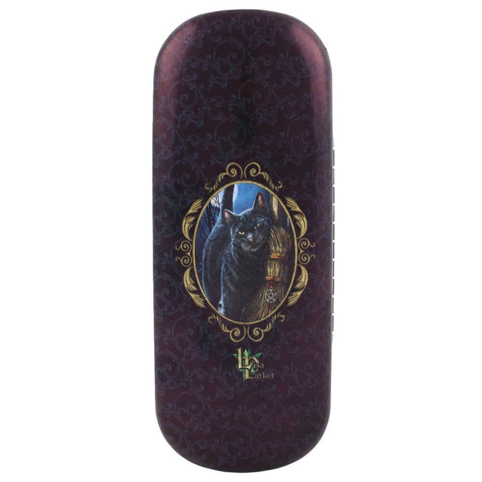 Back of the eyeglass case with swirl pattern, cameo of the black cat, and Lisa Parker Logo