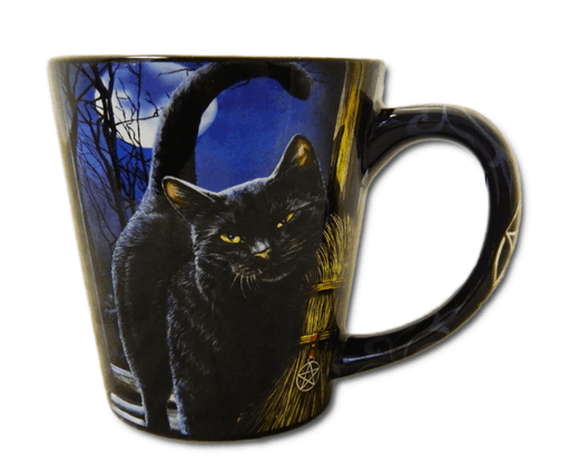 12 ounce latte mug with black cat rubbing on a broom.