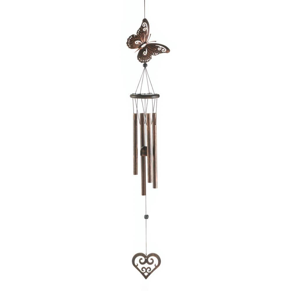 Metal and pine wind chime with a butterfly on top and a swirling heart dangling at the bottom