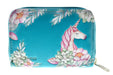 The wallet design shows off a pink unicorn standing amidst blossoms and leaves in shades of pink and green. A cheerful teal provides the backdrop.
