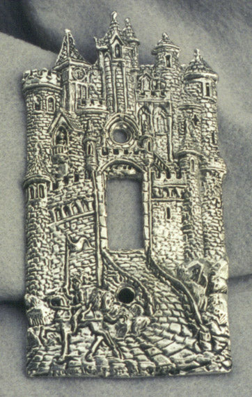 single light switch plate made from pewter in the shape of a castle fortress with draw bridge.