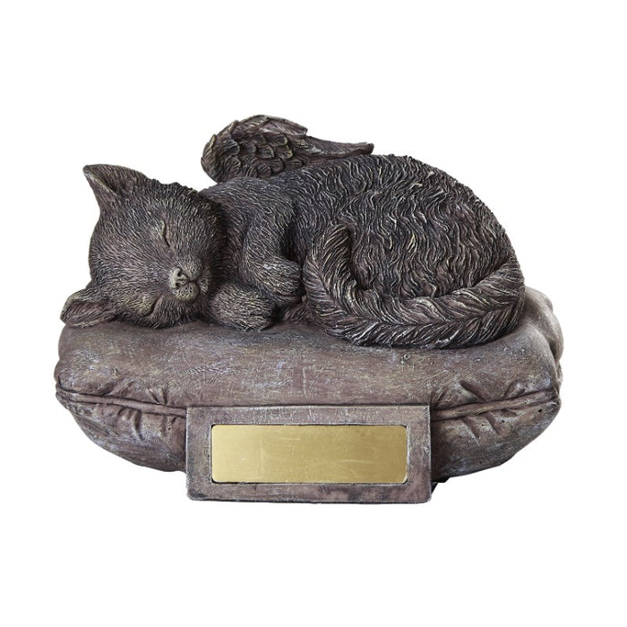 Urn featuring an angel winged kitty sleeping on a pillow with a spot for engraving