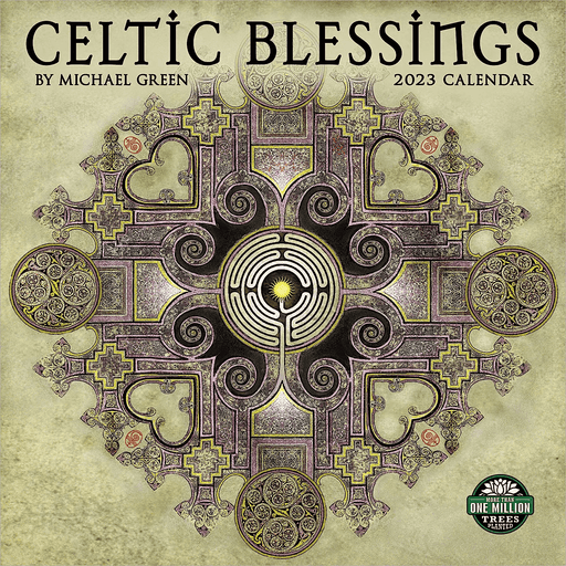 Celtic Blessings 2023 wall calendar showing Celtic knot designs with hearts and swirls, by Michael Green
