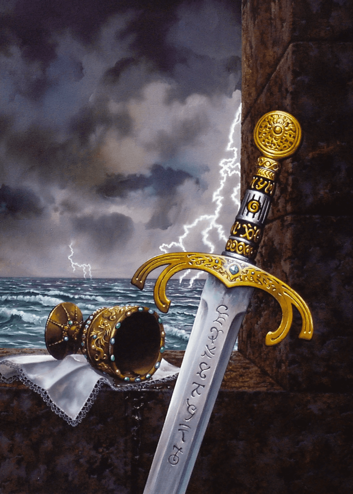 Sword and grail sit together, gleaming with jewels and precious metal against a backdrop of the stormy sea. Art by Ciruelo