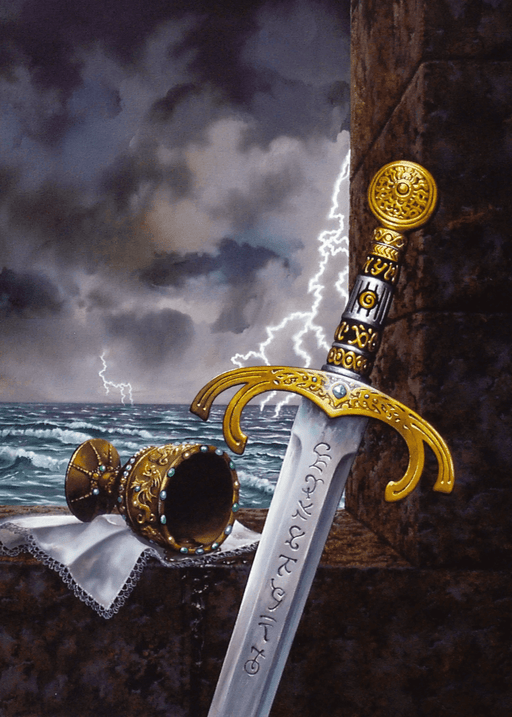 A jeweled challice and a shining sword are placed against the stone in front of a stormy sea