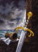A jeweled challice and a shining sword are placed against the stone in front of a stormy sea