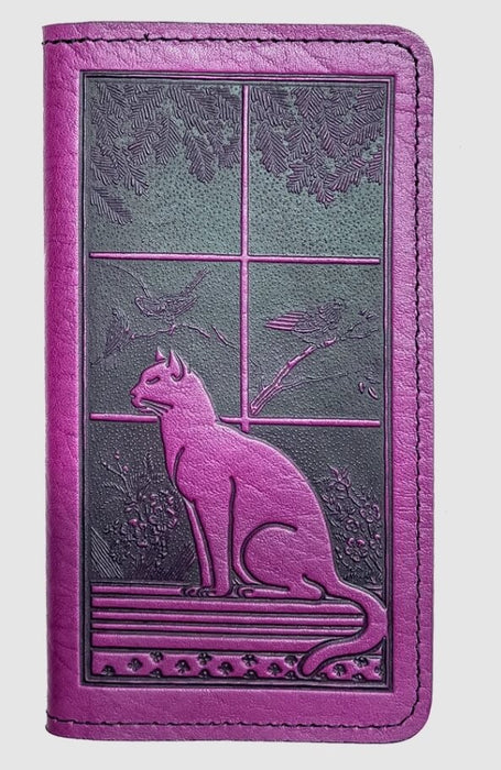 Cat in windowsill leather checkbook cover, shown in bright purple orchid color