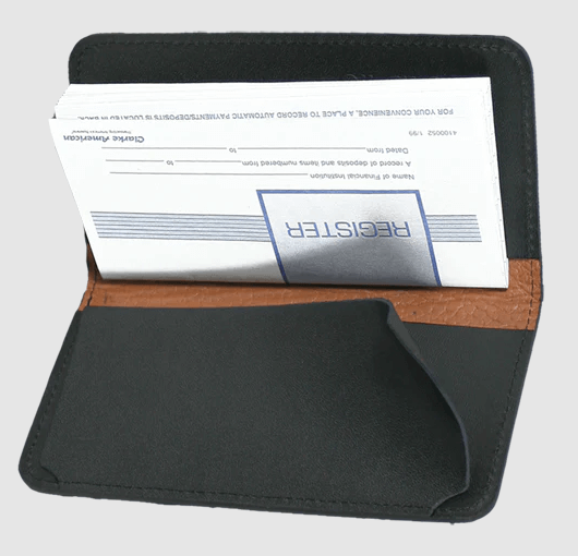 Inside of the leather checkbook holder