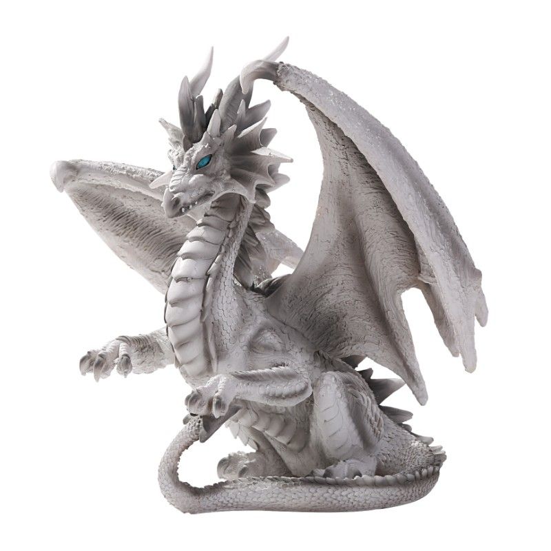 Gray dragon figurine. He rears back showing off front claws, wings out to either side. Bright blue eyes make for a piercing gaze