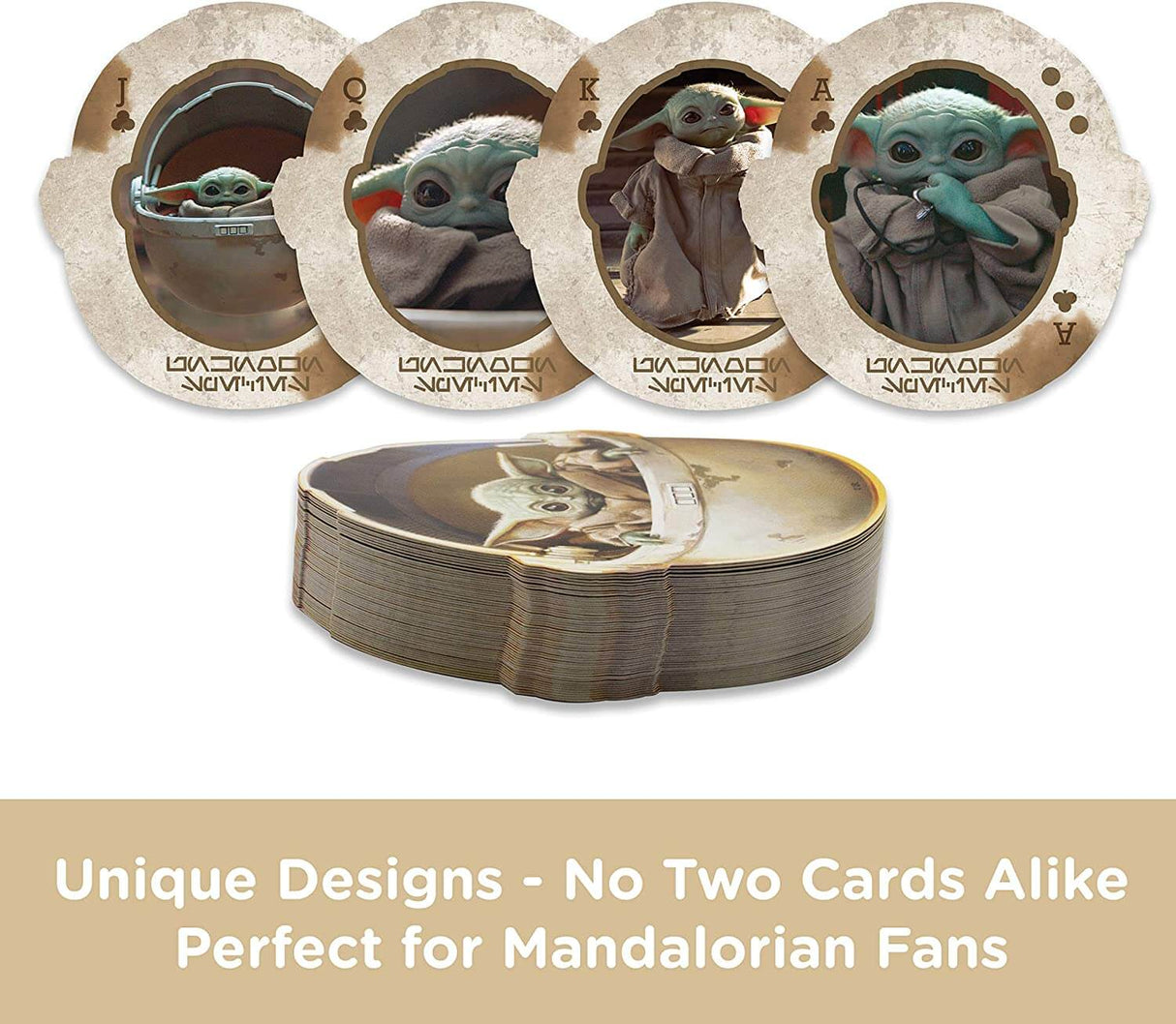 Four of the cards and the deck, stacked, from the Star Wars Mandalorian Child shaped playing cards