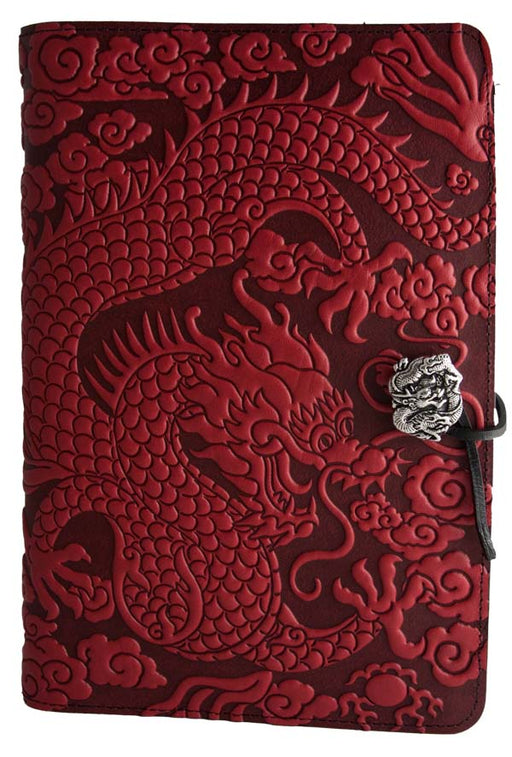 Leather journal with all over dragon design, shown in red