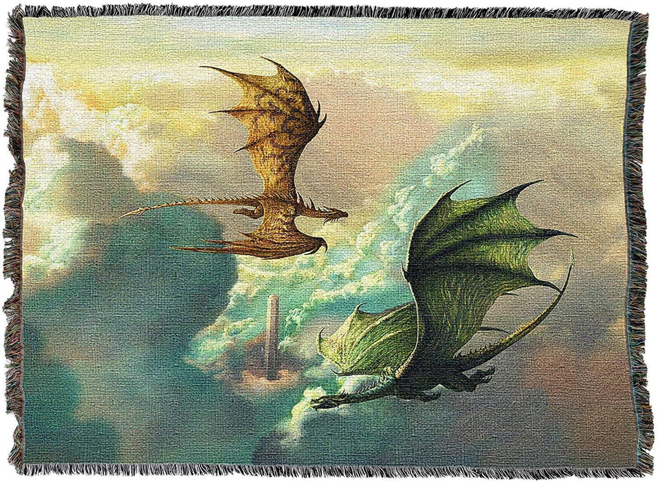 A bronze and green dragon circle the sky above a tower that pierces the clouds on this tapestry blanket