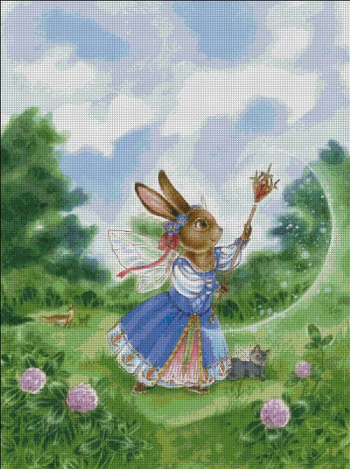 The fairy rabbit comes to life on this cross stitch. She carries a wand and wears a blue dress, and she brings magic to the meadow. A cheerful, springy image! Cross stitch mockup, art by Meredith Dillman