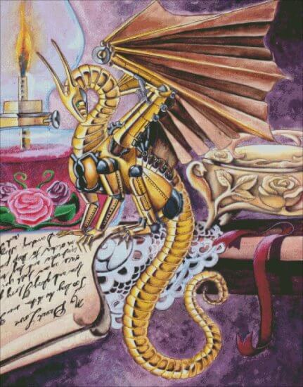cross stitch design of Carla Morrow's The Locket with a golden Steampunk dragon
