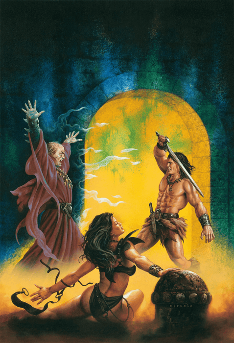 Conan the Barbarian fights a wizard as a lady watches