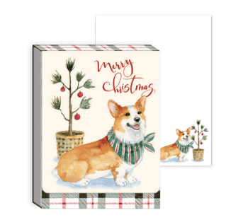 Pocket notepad with matching paper featuring a brown and white corgi in a scarf next to a decorated tree, and the words "Merry Christmas" in red