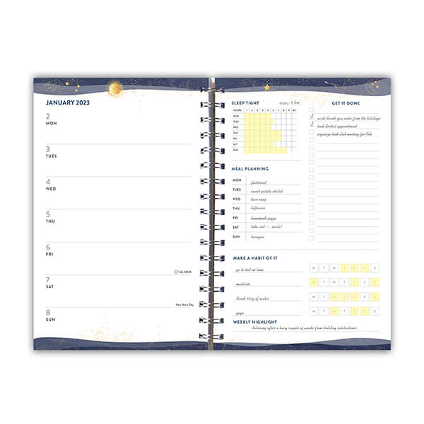 Inside the planner showing various organization areas