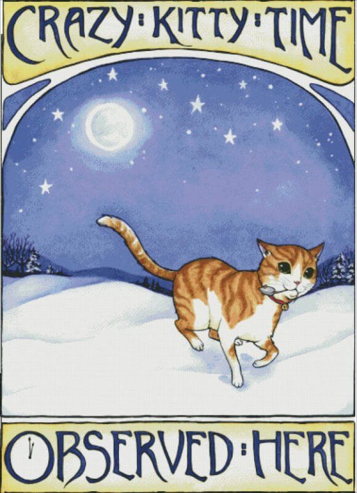 Mockup of cross stitch, art by Meredith Dillman. "Crazy Kitty Time Observed Here" it reads, and in the center is an image of an orange and white tabby dashing across the snow, mousey toy in mouth. 