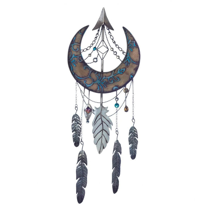 Wall hanging featuring an ornate crescent moon. Gems and feathers hang down from it