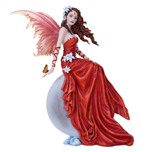 Fairy in red with a butterfly, sitting on an orb