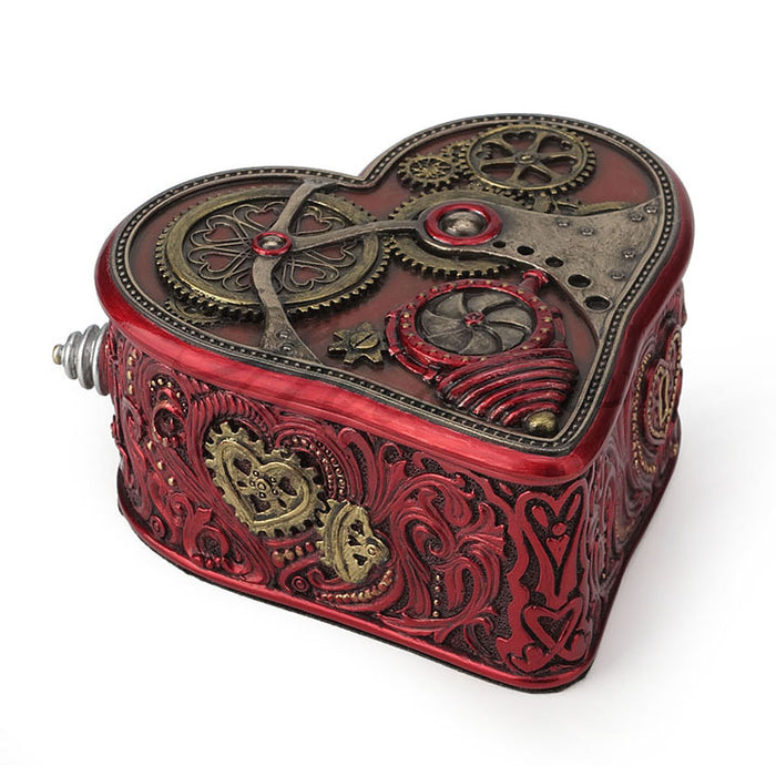Red heart shaped box with bronze gears and cogs for a steampunk look
