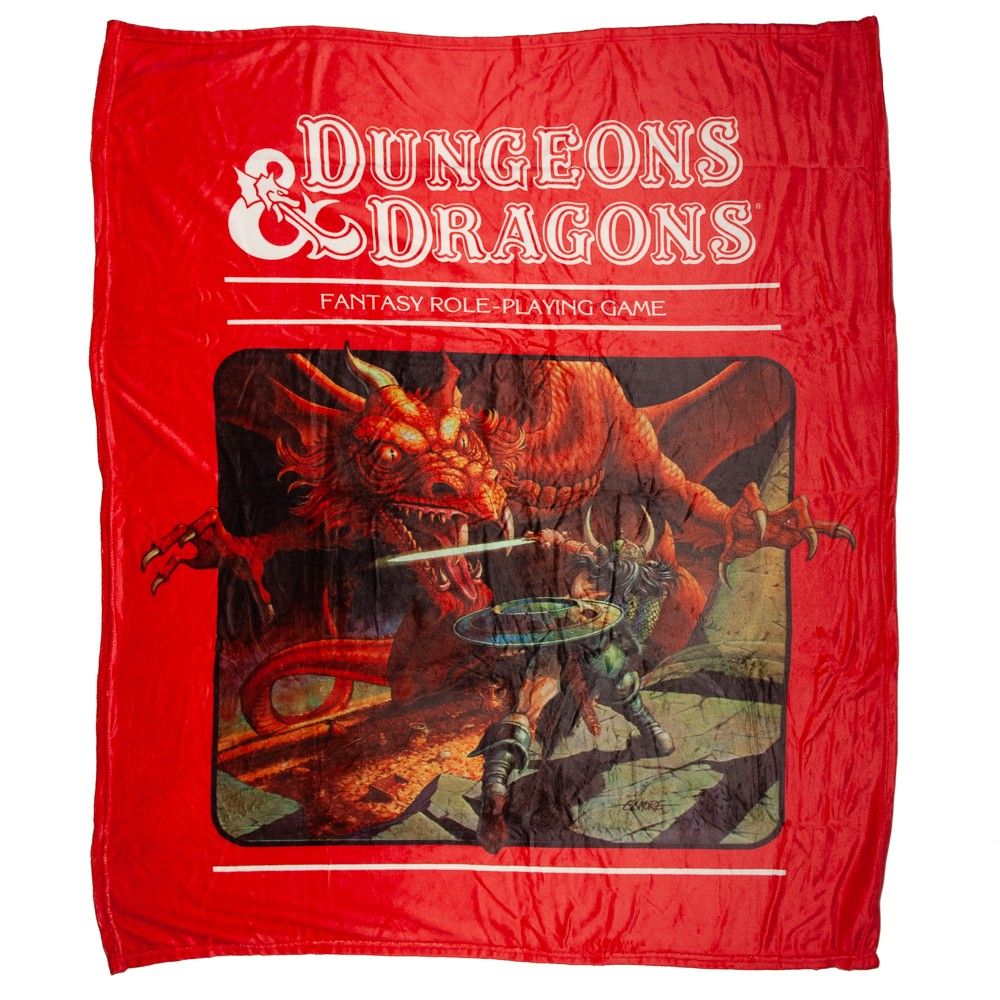 Dungeons & Dragons blanket with fantasy scene and logo on red background
