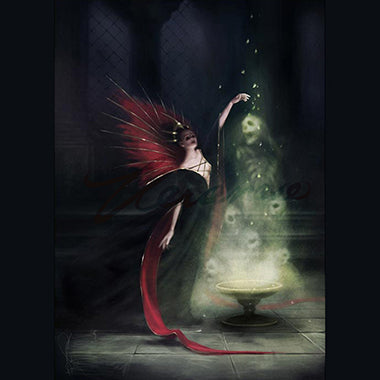 Damnation artwork by Melanie Delon - Sorceress in black and red robe summing forth demons. The cauldron has skeletal shapes rising from white fire