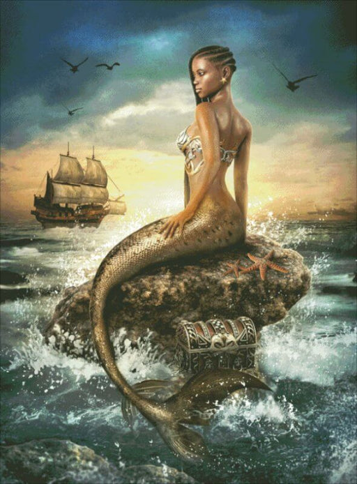 A dark skinned mermaid perches on a rock hiding a treasure chest, as a ship sails by.