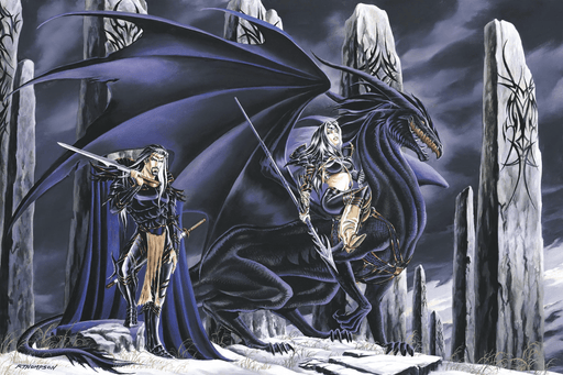 Artwork by Ruth Thompson featuring two human warriors in black armor, and an ebony dragon. The woman rides the dragon and carries a spear, and the man has two swords. They stand in the snow with monoliths behind them.