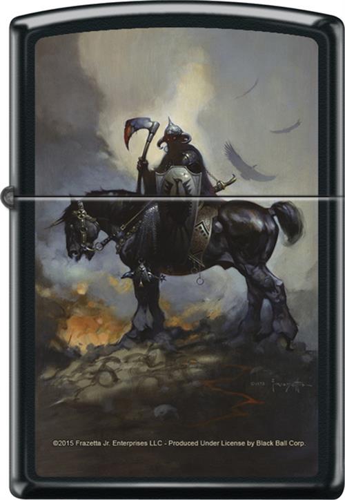 Black Zippo lighter with Death Dealer artwork - a grim reaper barbarian with shield and axe on a black warhorse upon the battlefield