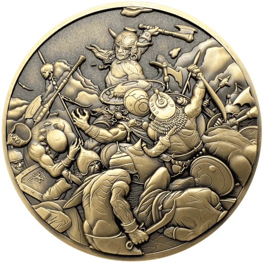 Destroyer coin by Frank Frazetta showing battle