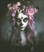 A spooky woman, adorned for the Day of the Dead. She has pink hair laden with flowers and a skull face.  Art by Alexandra V. Bach.