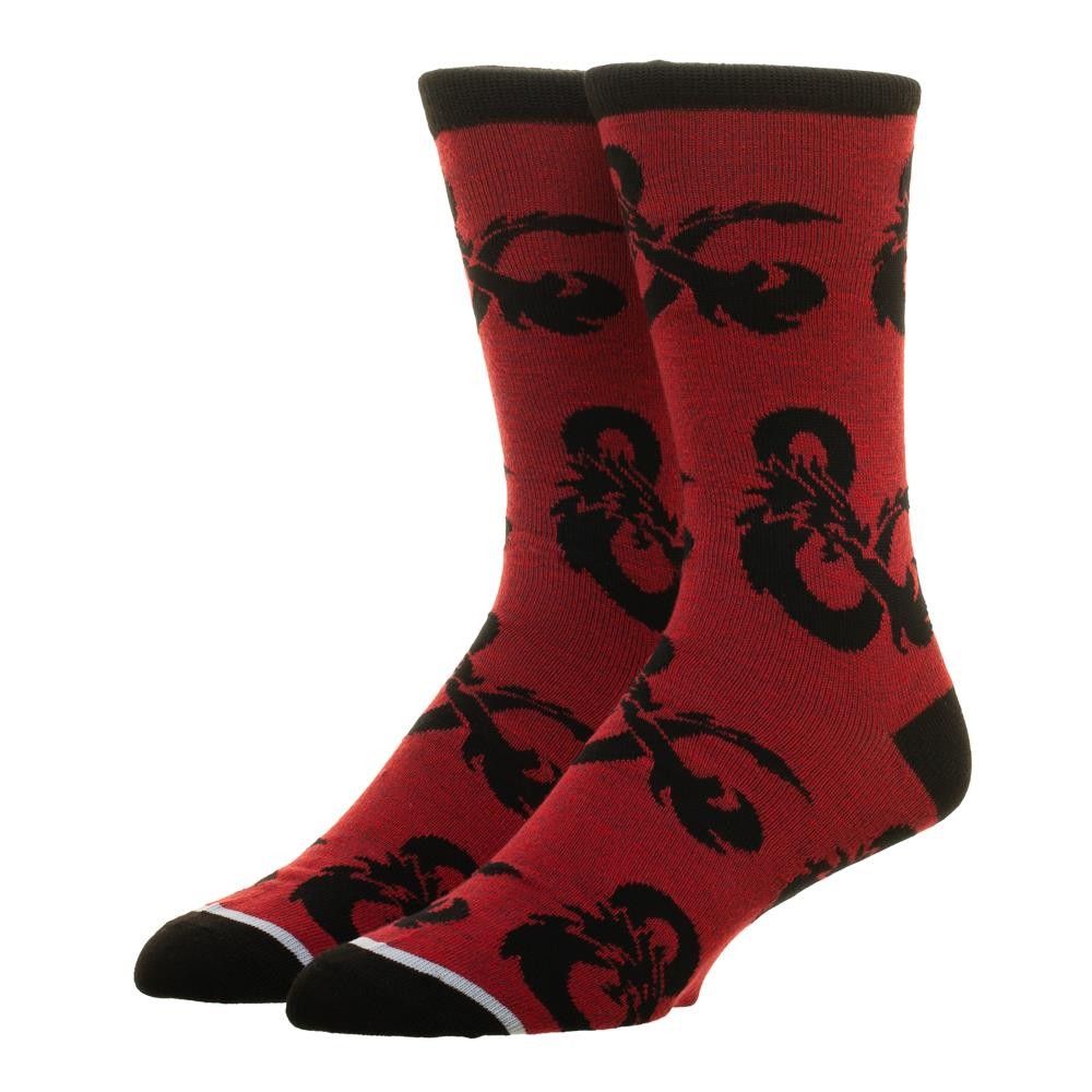 Red crew socks with black toes, tops and D&D logo design