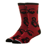 Red crew socks with black toes, tops and D&D logo design