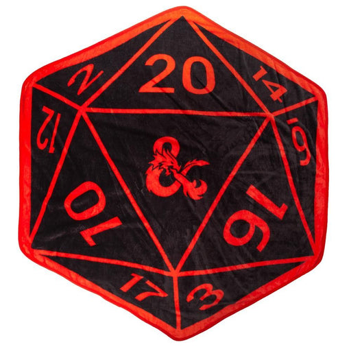 Soft polyester flannel blanket shaped like a D20 dice. Done in red and black with the Dungeons & Dragons logo at the center