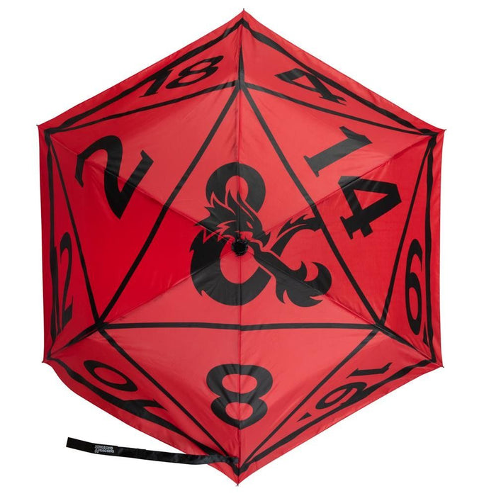 Dungeons and Dragons red and black umbrella. The D&D logo is at the center of the D20 dice design