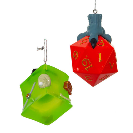 Dungeons & Dragons ornament set featuring a green gelatinous cube with items like skull, treasure chest, sword, etc inside. Second ornament is a red twenty sided dice held by a grey three-toed claw