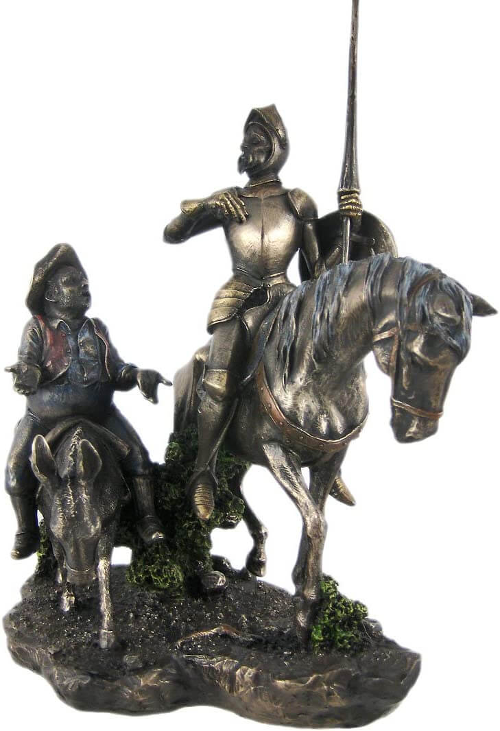 Don Quixote riding with Sancho Panza statue in bronze polystone, front view