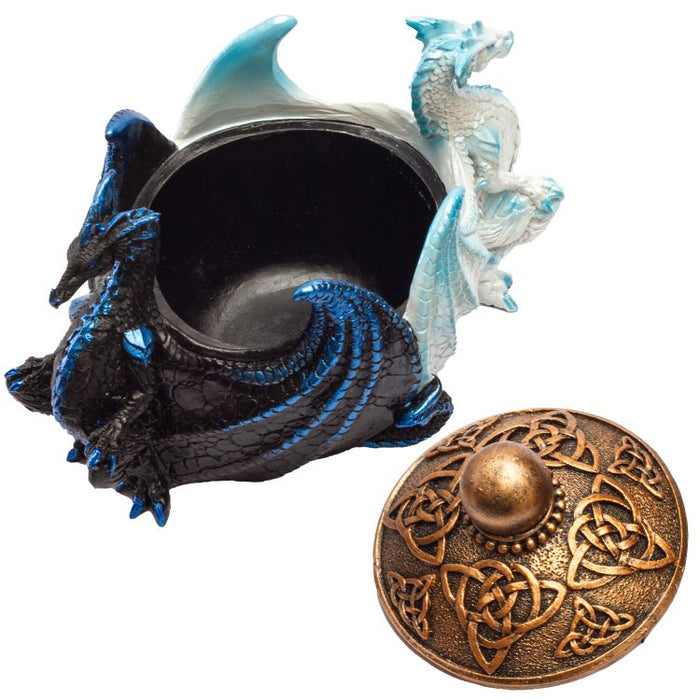 Trinket box showing the gold Celtic knotwork lid off. Vessel is formed by a black and a white dragon