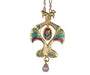 Two Peacocks intertwined necklace in gold with green, teal and purple and a pearl dangling below